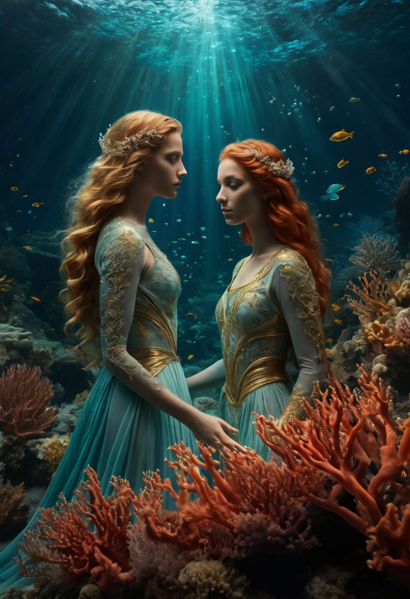 2girls, Visualize an underwater realm where two: 1.9 Greek inspired  gods  reign. Etheral look on thier faces, Dressed in contrasting flowing robes of intracate gold and lace. The first commands the element of water, with a face like the ocean's depths and long blonde hair that flows like the tides. They are surrounded by marine life and coral, with bubbles and currents flowing around them. 
BREAK:
The second controls fire:1.5, with flaming red hair shining brightly in the dark depths, with a radiant face and beams of light emanating from their being. The water around them sparkles with bioluminescence, creating a magical underwater scene