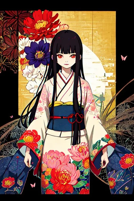 Enma Ai, 1girl, chrysanthemum, flower, solo, japanese clothes, long hair, kimono, yellow flower, butterfly, hair spread out, purple flower, sash, floral print, black hair, bug, red eyes, lying, obi, orange flower, bangs, on back, kikumon, spider lily, pink flower, colorful, red flower, blunt bangs, blue flower, looking at viewer, parted lips, butterfly print, print kimono, long sleeves, crane \(animal\), pale skin, wide sleeves, from above, <lora:Enma Ai:0.8>