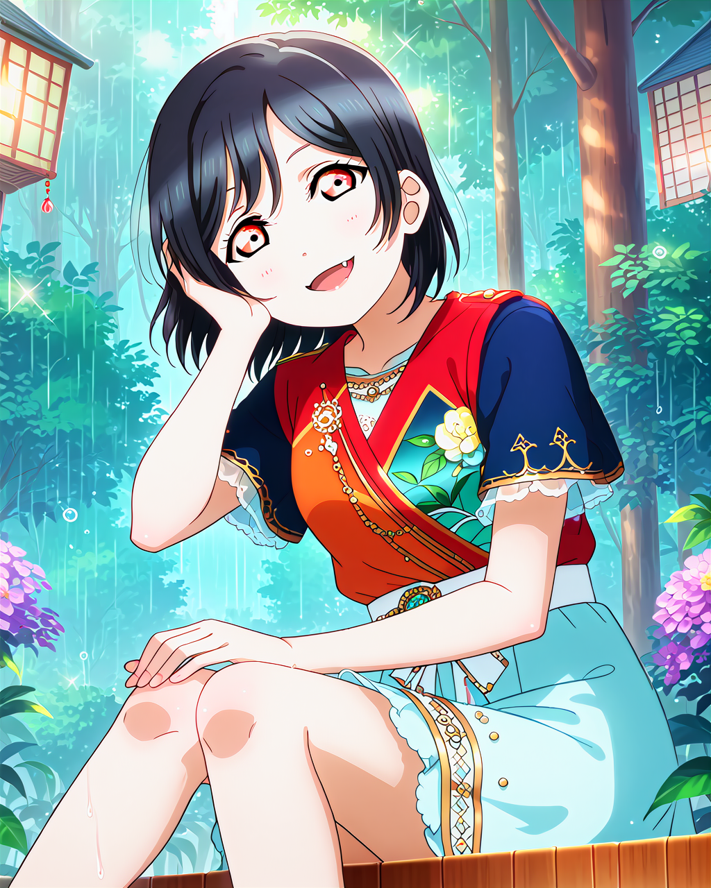 score_9, score_8_up, score_7_up, score_6_up, source_anime, looking at viewer, ((1girl, mifune shioriko, black hair, red eyes, short hair, fang)), (Resting gracefully on her side, one hand under her head and legs slightly bent, she embodies relaxation and leisurely beauty), (bridesmaid vietnamese dress), (Rainy Forest),<lora:LLChar_Pony_Niji:0.8> love live! <lora:LLChar_Pony:0.8>, smile, happy,