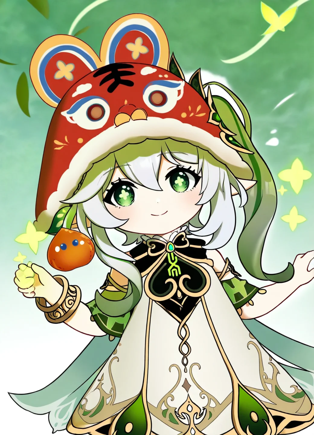 1girl,nahida \(genshin impact\),
green_eyes,one_eye_closed,heart,hair_ornament,1girl,smile,symbol-shaped_pupils,green_hair,side_ponytail,blush,bangs,pointy_ears,multicolored_hair,leaf_hair_ornament,grey_hair,solo,hair_between_eyes,white_hair,long_hair,white_dress,;\),closed_mouth,braid,cross-shaped_pupils,looking_at_viewer,
<lora:Hutou_Hat Noob:0.9>,hat,hutou hat,tiger hat,red hat,fur_trim,light blush,(slight smile),animal ears,