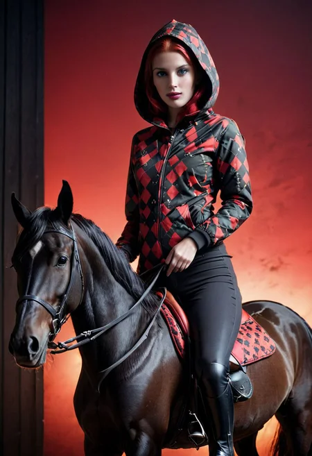 A shrouded Silhouette in darkness of a blushed slightly light smiling riding woman in Argyle/caro printed bodysuit with camo- black Camouflage hooded parka, riding a black glossy horse, a scene with vibrant red and black details, White Makeup, very detailed, atmospheric haze, Film grain, cinematic film still, shallow depth of field, highly detailed, high budget, cinemascope, moody, epic, OverallDetail, 1960s vintage RAW photo, photorealistic, candid camera, color graded cinematic, eye catchlights, atmospheric lighting, imperfections, natural, shallow dof