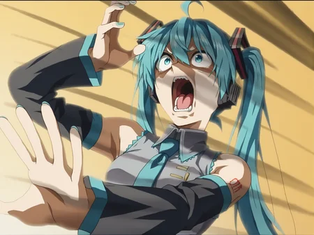 score_9, score_8_up, score_7_up, source_anime, BREAK
<lora:shikaibaTestNoV1:1>,  kaibanodef, open mouth, upper body, teeth, screaming, parody,
<lora:miku-hatsune-ponyxl-lora-nochekaiser:1>,
miku hatsune, ahoge, aqua eyes, aqua hair, crossed bangs, hair between eyes, hair ornament, headphones, long hair, twintails,
aqua necktie, black skirt, black sleeves,, collared shirt, detached sleeves, grey shirt, necktie, shirt, sleeveless, sleeveless shirt, tie clip,
