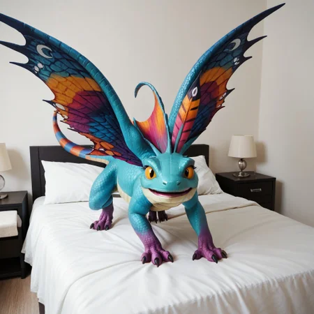 core_9, score_8_up, score_7_up, score_6_up, masterpiece, high quality, realistic, detailed, best quality, 1girl, solo, rating_safe, source_furry, bedroom, smiling, seductive, looking at viewer, negative_hand, full body, dragon, faerie dragon, scales, wings, tail, head feathers, colorful wings, feral, 1girl, female, claws, yellow sclera, flying above bed