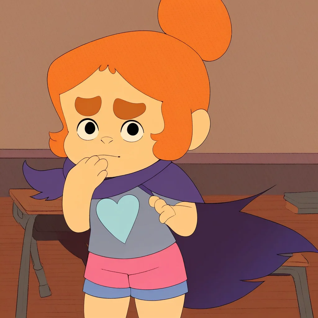 score_9, solo, kelsey_p, thick eyebrows, orange hair, single hair bun, cape, shirt, shorts, cute, classroom,