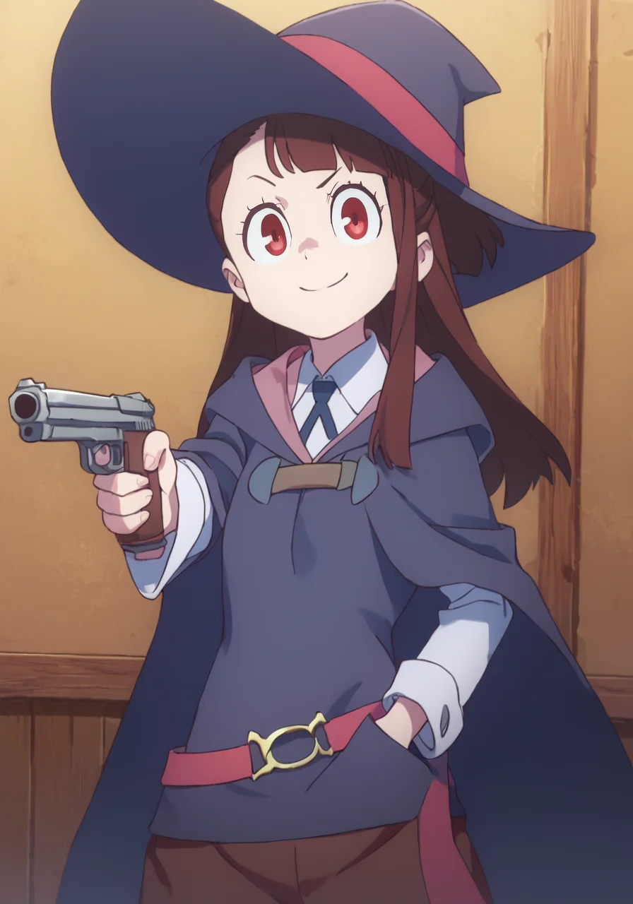 score_9, score_8_up, score_7_up, 1girl, Atsuko Kagari, witch, light smile, upper body, looking at viewer BREAK holding weapon, holding gun, handgun, hand in pocket, aiming  <lora:Little_Witch_Academia-Atsuko_Kagari-PDXL:0.9> <lora:YusufDikecGunPose_pdxl_Incrs_v1:0.2>
