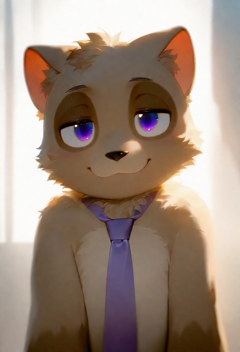 will (will javatanuki), nyalia, alens, purple eyes, purple tie, front view, 1boy, solo, furry, cute, kemono, masterpiece, best quality, very awa, very aesthetic, absurdres