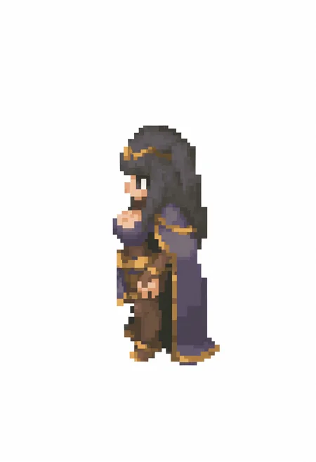 masterpiece, best quality, solo, 1girl, <lora:FFT-Sprites-illus_Fp:1>, profile, full body, standing, pixel art, simple background, white background, <lora:fetharja-illu-nvwls-v1:1>, dfThja, black hair, black eyes, two side up, tiara, cape, bodystocking, bodysuit, cleavage, bridal gauntlets, pelvic curtain, large breasts, chibi,