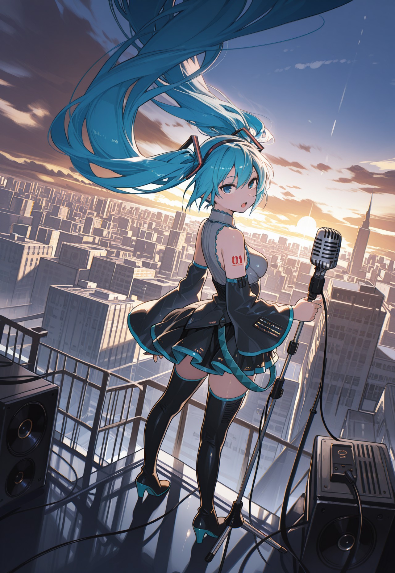 safe_pos, WALLPPR_ST, masterpiece, best quality, very aesthetic, high resolution, ultra-detailed, absurdres, newest, detailed eyes, beautiful, perfect lighting, hi res, amazing quality, very awa, painting_(artwork), dynamic angle, dynamic pose, WALLPPR_ST, detailed background, 1girl, microphone stand, hatsune miku, twintails, detached sleeves, speaker, high heels, holding microphone, blue hair, sky, black thighhighs, black footwear, open mouth, floating hair, looking at viewer, standing, outdoors, dress, sunset, bangs, thigh boots, long sleeves, blue eyes, cityscape, bare shoulders, full body, building, cloud, wide sleeves, sleeveless, black skirt, hairband, medium breasts, cable, high heel boots, from above
