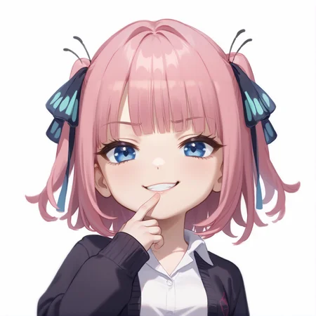 score_9, score_8_up, score_7_up, rating_safe, zPDXL2, zPDXLxxx, zPDXL3, source_anime, <lora:GenshinChibi:1.2>,
GenshinChibi, chibi, <lora:nino-nakano-pruned-ponyxl-lora-nochekaiser:0.5>, nino nakano, short hair, bangs, blue eyes, hair ornament, hair ribbon, pink hair, blunt bangs, two side up, butterfly hair ornament, shirt, long sleeves, white shirt, open clothes, collared shirt, sleeves past wrists, dress shirt, cardigan, open cardigan, black cardigan,
blue eyes, smirk,
hand to mouth,
from below,