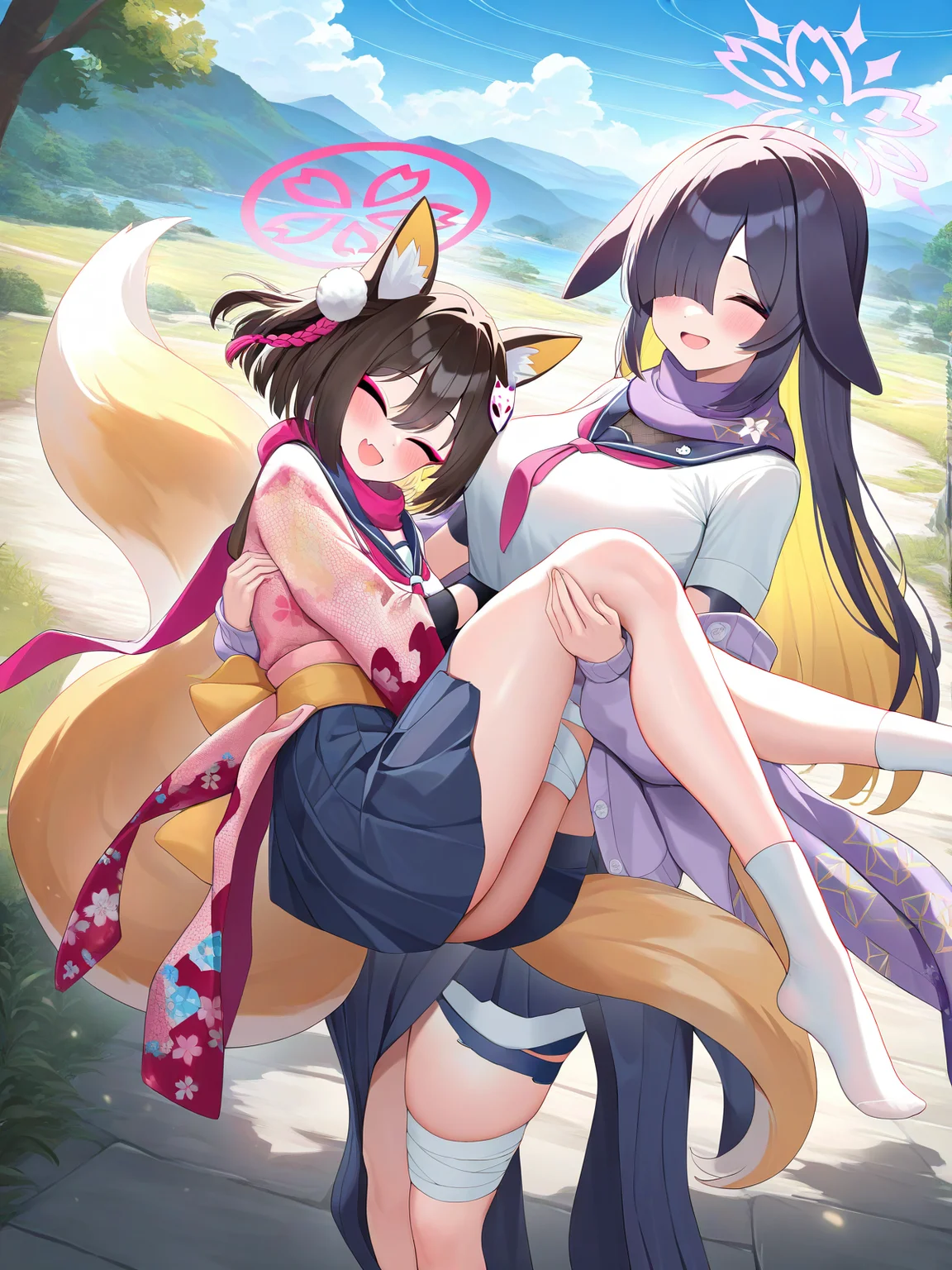 masterpiece, best quality, amazing quality, very aesthetic, absurdres, newest, scenery,tsukuyo \(blue archive\), izuna \(blue archive\), standing, 2girls, looking at viewer, closed eyes, smile, open mouth, hair over one eye,blush,princess carry,