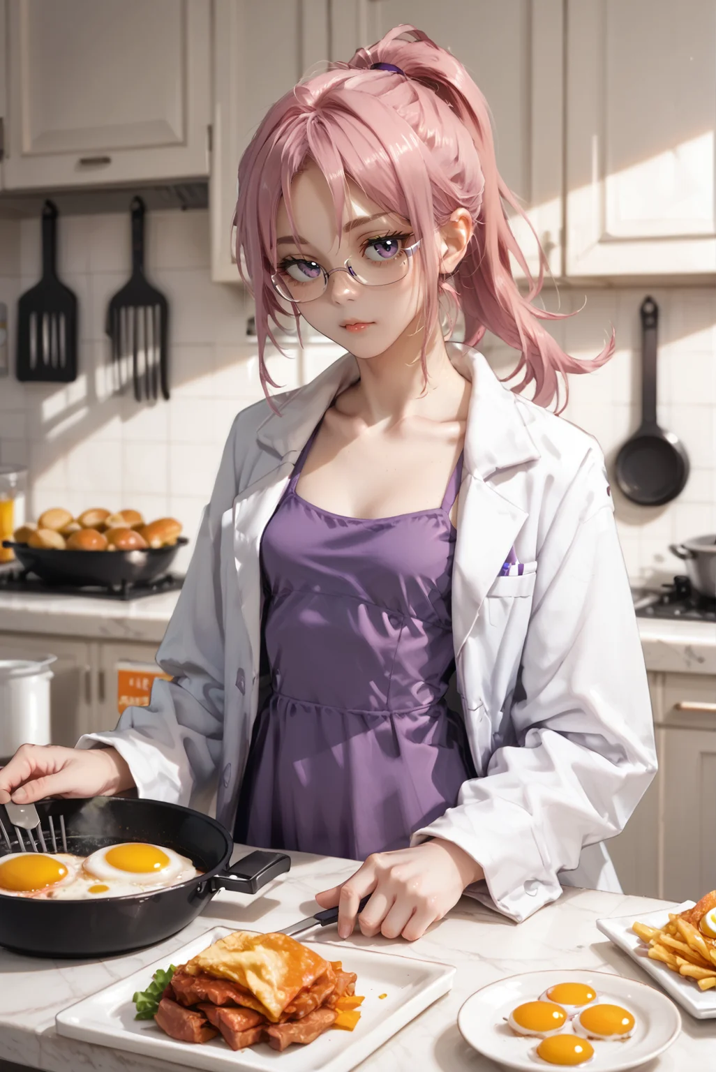 score_9, score_8_up, score_7_up,
 <lora:intp_v1:0.8>
intp_v1 , solo
ponytail, pink hair, long hair,
pale skin, 
purple eyes, 
breasts, small breasts, 
glasses,  semi-rimless eyewear,
labcoat, white coat, coat, open coat,long sleeves,
purple dress,
food, fried egg, frying pan, holding, kitchen, (indoors:1.3), Wrapping Hands Around Legs