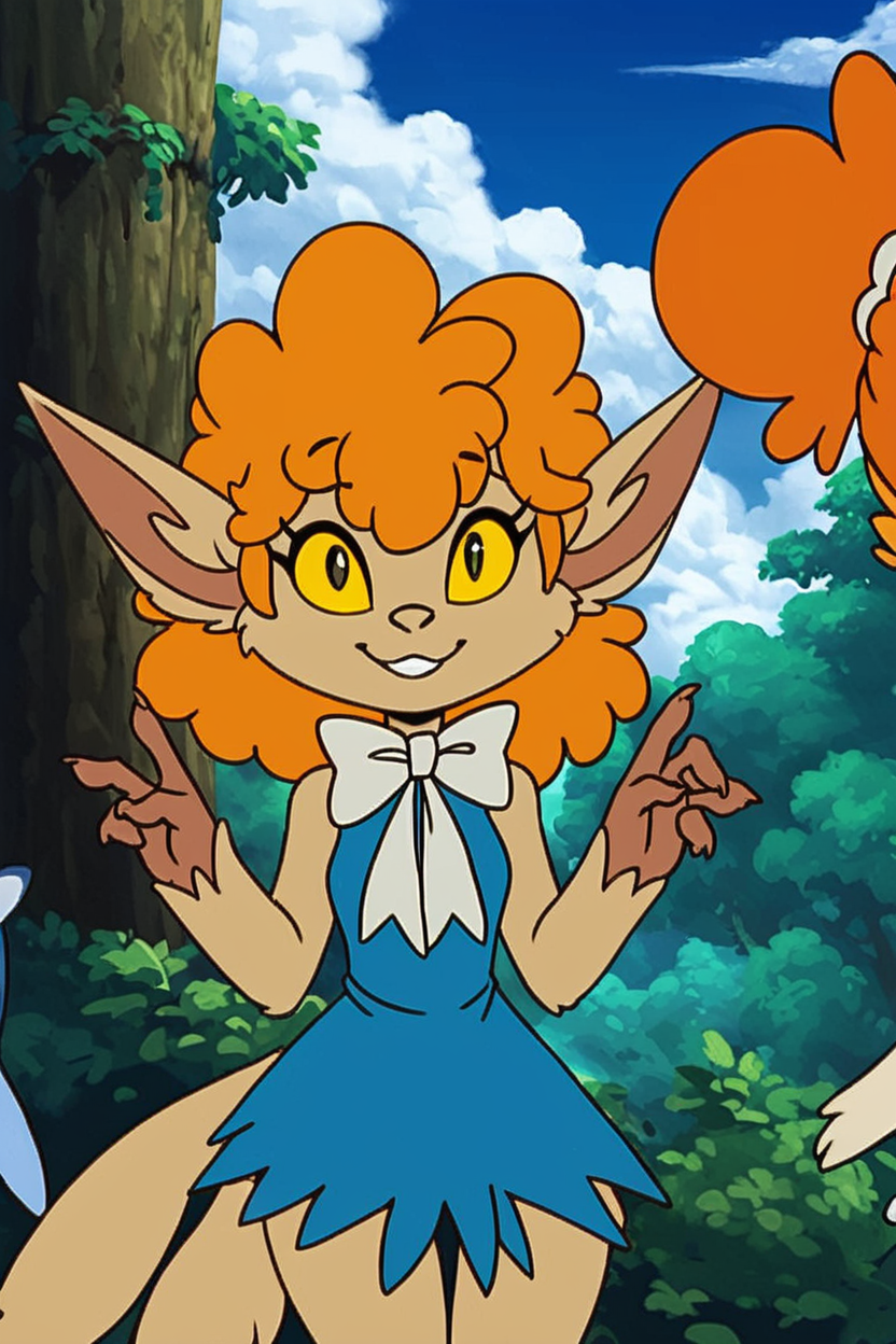 score_9, score_8_up, score_8, medium breasts, (curvy), cute, eyelashes,       BREAK, ,  ,,, <lora:WinnieWerewolf_PDXL:0.8>, zzWinnie, orange hair, pointy ears, 1girl, yellow sclera, yellow eyes, colored sclera, furry, colored skin, animal ears,   dress, bow, blue dress, white bow, bowtie ,,,  , BREAK, smile, looking at viewer, cowboy shot, ,,, outdoors, sky, day, cloud, tree, blue sky, sunny,  ,,, Expressiveh, ,,, <lora:Alola_Style_PDXL:0.8>, <lora:Expressive_H-000001:0.4>,
