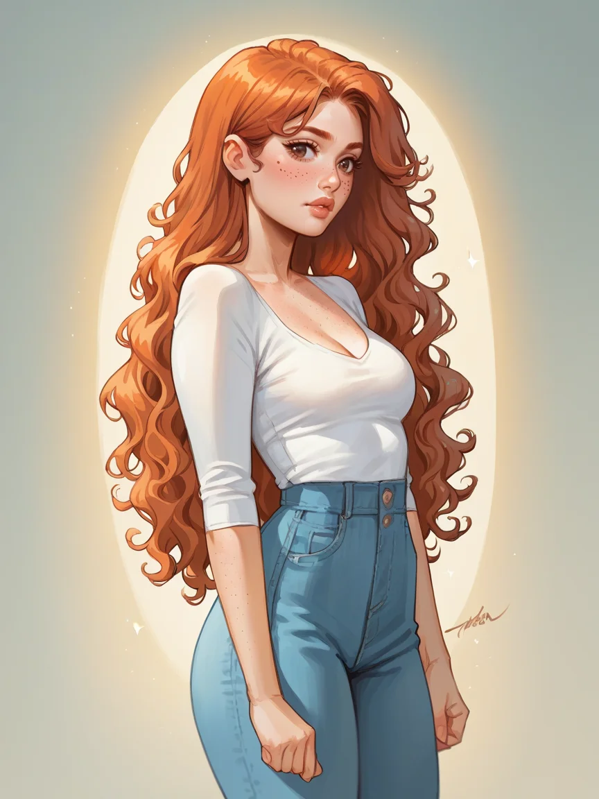 source_anime, score_9, score_8_up, score_7_up, score_6_up, score_5_up,  <lora:t0sh14XLP:1> t0sh14, blush, 1girl, long hair, wavy hair, ginger hair, freckles, lips, curvy
