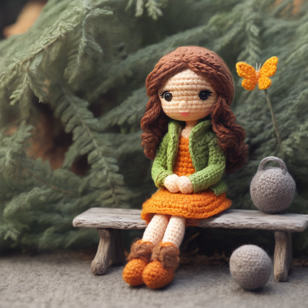crochet figures,1 girl,(solo:1.4),sit on bench,in a scene of pure kindness,colors blend and greet,<lora:knittingXL:1>