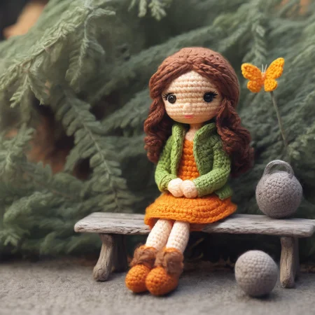 crochet figures,1 girl,(solo:1.4),sit on bench,in a scene of pure kindness,colors blend and greet,<lora:knittingXL:1>