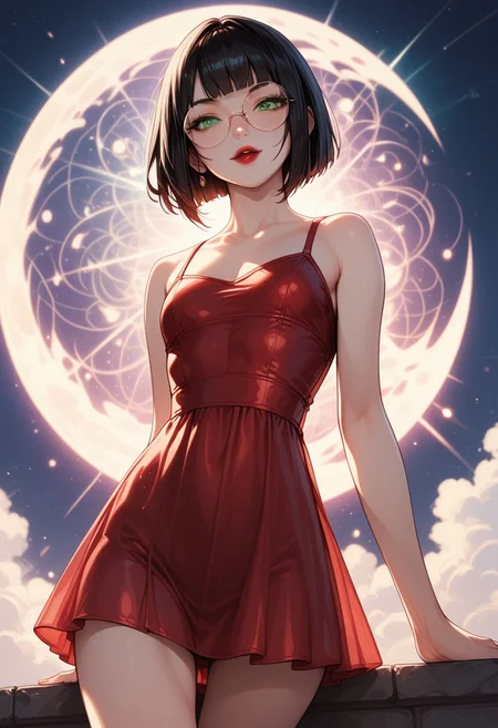 score_9, score_8_up, score_7_up, score_6_up, rating_questionable,y0mUy4k4d4sh1, 1girl, Polly, PollyRH, short hair, bobcut, black hair, bangs, green eyes, small breasts, almost flat chest, slim, pale skin, big round eyeglasses, clear eyeglasses lenses, nice round ass, red lipgloss, HD32k, dynamic pose, aesthetic, perspective, solo, detailed, sensual look, pinup pose, night, outdoor, , sensual look, pinup pose, starrynightdress, front view