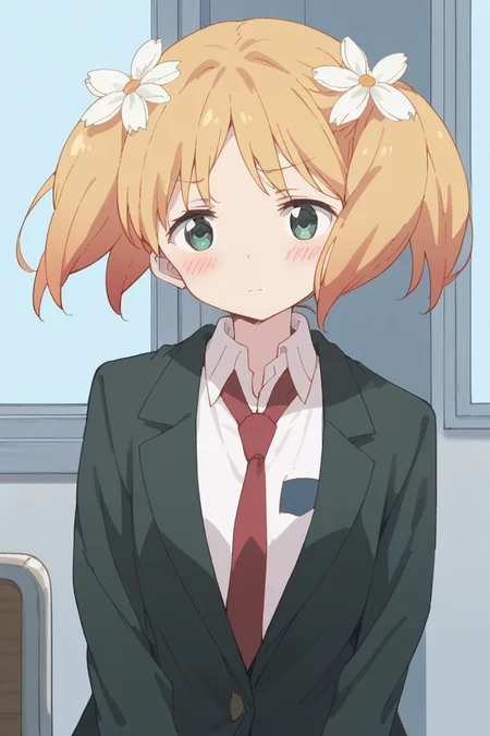 score_9, score_8_up, score_7_up, score_6_up,
<lora:Yuu_Sonoda:1> yuu, 1girl, hair flower, flower, hair ornament, solo, twintails, necktie, blonde hair, blush, green eyes, school uniform, suit, formal, blazer
