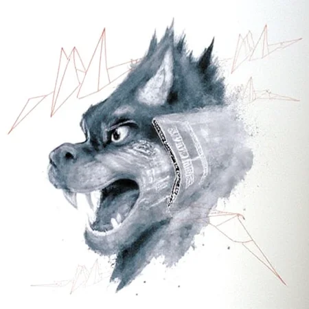 This image is a digital drawing that combines elements of surrealism and modern art. The central figure is a stylized, three-dimensional representation of Bowser's head, with striking details rendered in various shades of gray and white.