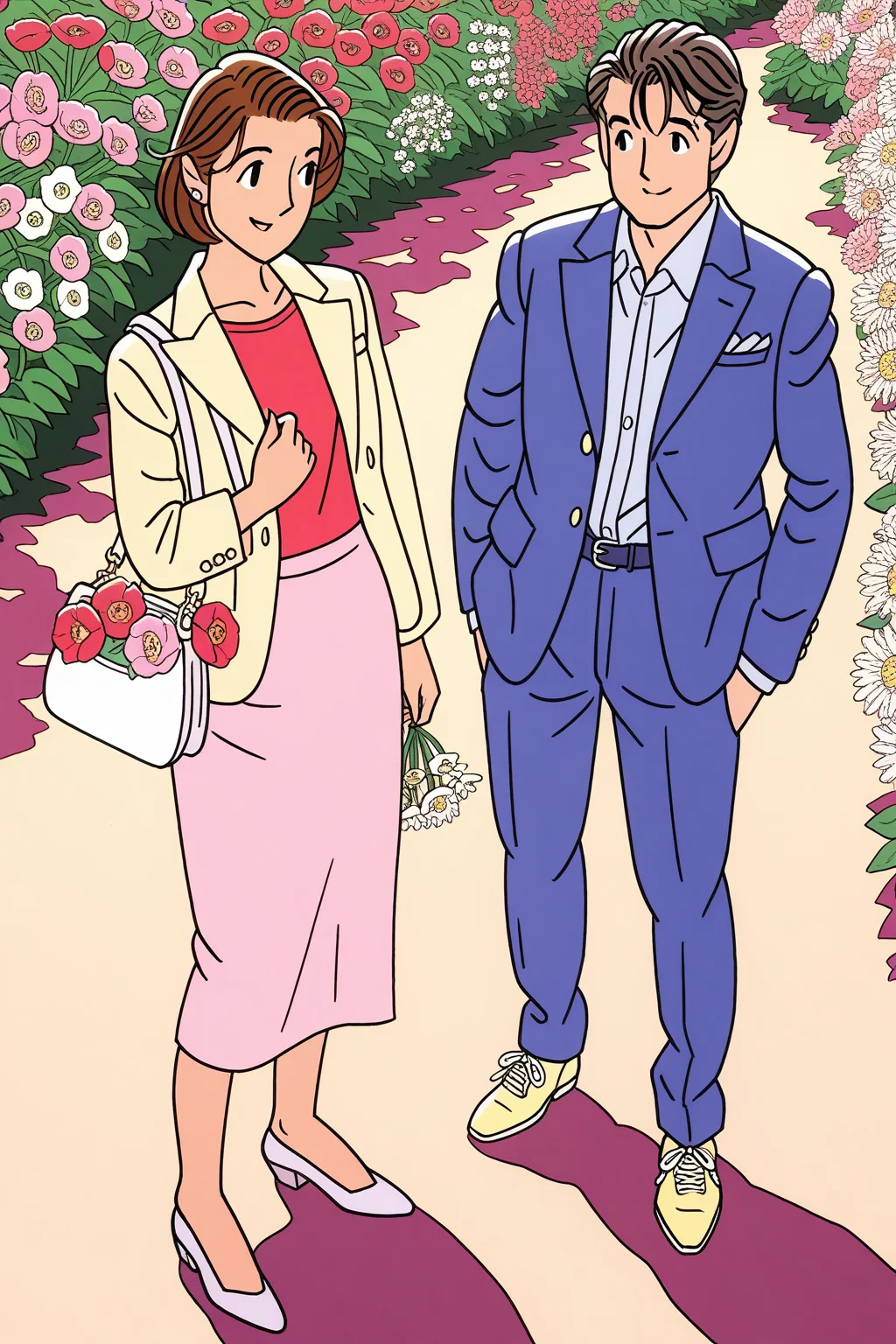 wataseizo,1girl,1boy,flower,pants,shadow,shoes,jacket,skirt,shirt,blue pants,bag,red flower,brown hair,standing,long sleeves,white flower,pink flower,short hair,