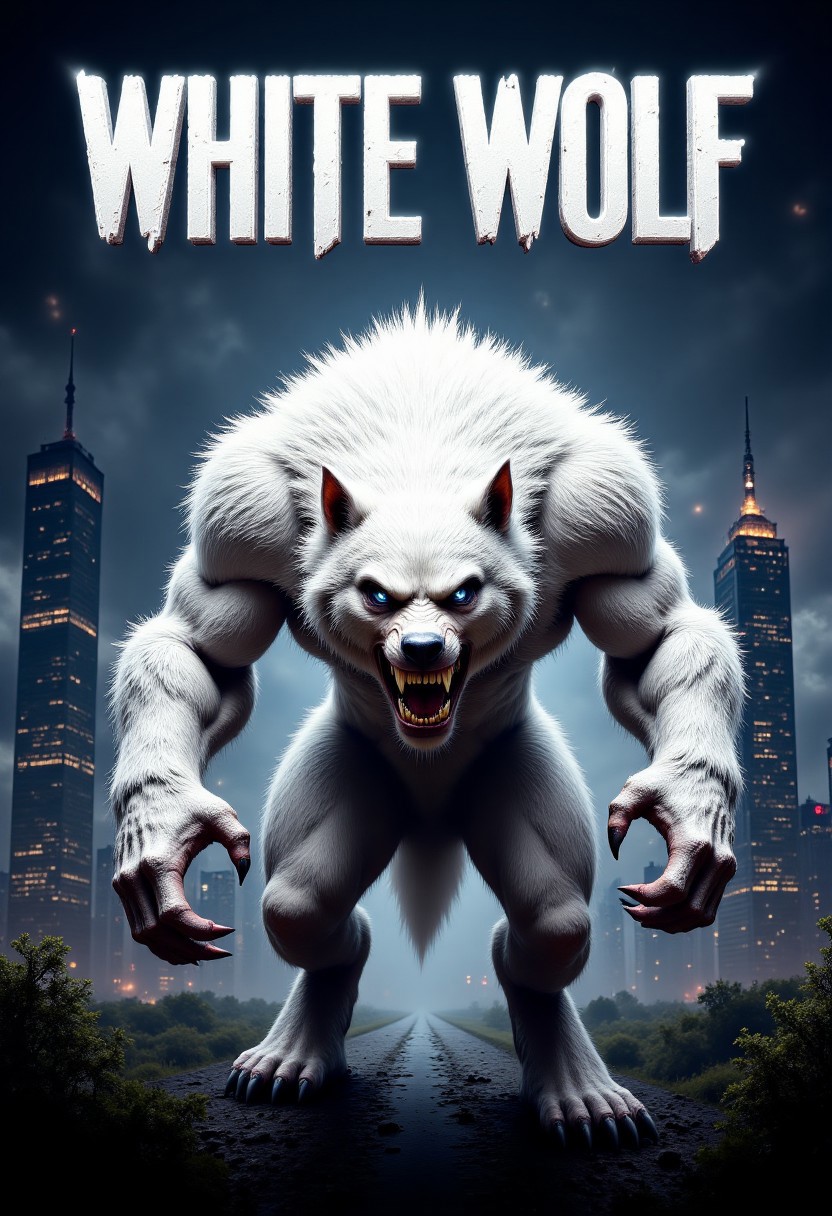 movie poster, title white wolf, stylish text title, white werewolf on front, snarl expression, hero pose, white fur with no tail, sharp black claws, blue eyes, hyper-real, realistic, dark city backdrop with large tower behind