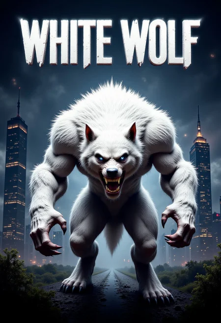 movie poster, title white wolf, stylish text title, white werewolf on front, snarl expression, hero pose, white fur with no tail, sharp black claws, blue eyes, hyper-real, realistic, dark city backdrop with large tower behind