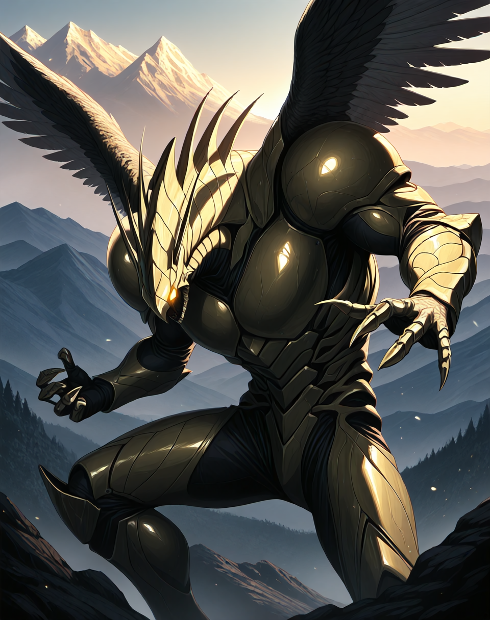 score_9, score_8_up, score_7_up,
<lora:Hyper_Zoanoid_(Guyver)_(Illustrious)_(AD):1> Hyper Zoanoid, Guyver, monster, 
exterior, science fiction, mountains, city skyline, sky with anime clouds,
cowboy shot, bent knee, dynamic action, 
yellow body, glowing eyes, dominating, powerful, solo, eagle zoanoid, 
BREAK Smooth Quality, IllusP0s, lazyhand, lazympos, lazynsfw,