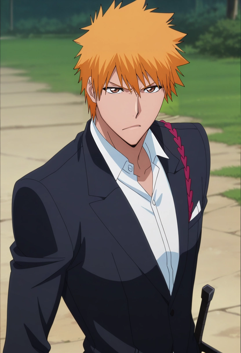masterpiece, best quality, intricate details, anime screencap, , , , , 1boy, solo, male focus, <lora:ichigo_kurosaki_ilxl:0.94>, ichigo_kurosaki, 1boy, orange hair, brown eyes, short hair, spiked hair, hair between eyes, , sword, , businessman costume