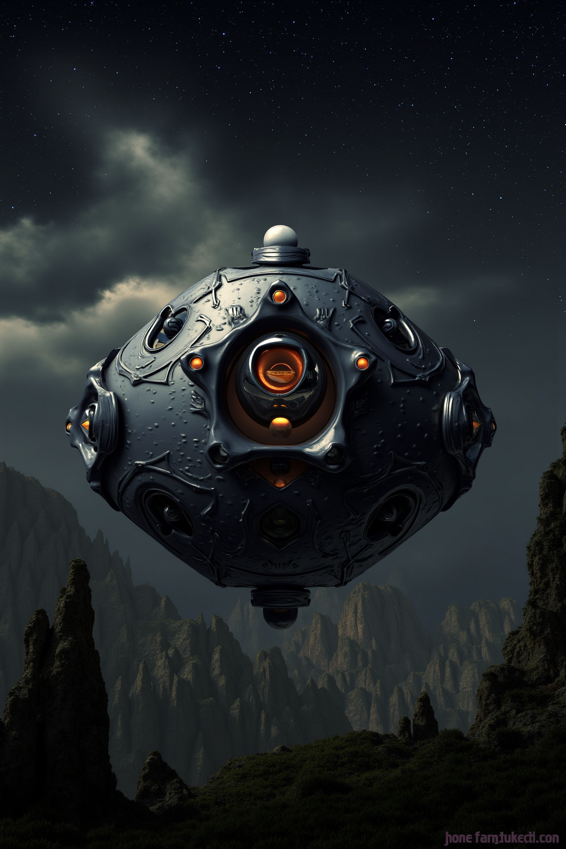 A 3D Rendered abstract of, sharp photo of a digital illustration of a futuristic spaceship flying over a vast landscape. The spaceship is in the center of the image, with its body facing towards the right side of the frame. It has a large, round head with intricate details on its surface, including a large eye in the middle, two smaller eyes on either side, and a small nose. The body of the spaceship is covered in a metallic silver-grey color, with a pattern of small circles and lines. The eyes are glowing orange and appear to be glowing, giving the impression of a mysterious and eerie presence.
The spaceship is surrounded by a dark, starry sky, with streaks of light shining through the clouds. The clouds are a mix of dark and light gray, creating a sense of depth and mystery. The landscape below is filled with tall, rocky formations, with patches of trees and shrubs scattered throughout. The overall mood of the illustration is dark and mysterious.