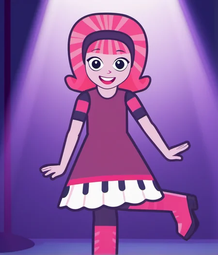 1girl, solo, dbdd1, smile, pantyhose, dress, pink hair, pink skin, black eyes, looking at viewer, boots, open mouth, standing, hairband, official style, standing on one leg, on satge, spotlight, music motif, <lora:dbdd1:1>,