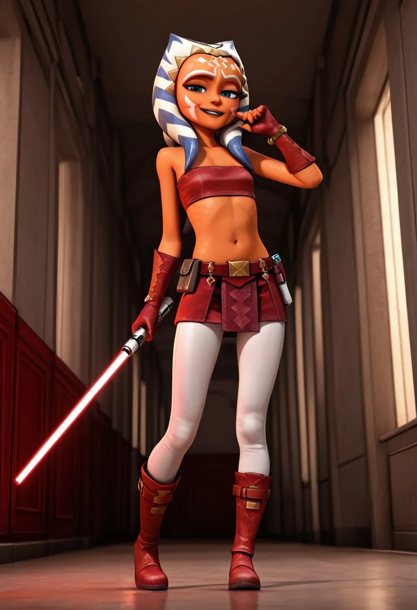score_9,score_8_up,score_7_up,score_6_up,best quality,masterpiece, 3d,
background is jedi tempel, hallway,
((cinematic lighting)), (shading),
1girl, solo, Perfect Body, (Perfect Anatomy:1.0),
young, ((cute)), (short),
Ahsoka, ogruta, orange skin, white and blue montral horn, white facial markings, jewelry,
bare shoulders, red tub top, exposed midriff, red armored bracelets and gloves, red mini skirt, white leggings, red boots, lightsaber,
standing, posing with lightsaber, looking at viewer, coy smile, seductive, teasing, flirting, full body,