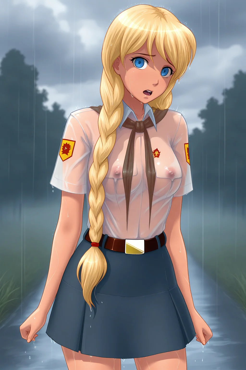 masterpiece, best quality, amazing quality, very aesthetic, absurdres, slaviapioneer, solo, looking_at_viewer, large_breasts, no_bra, covered_nipples, sad, open_mouth, parted_lips, upper_teeth_only, wide-eyed, wide-pupils, hair_over_shoulder, pioneer_neckerchief, collared_shirt, breast_pocket, short_sleeves, belt, brass_buckle, skirt, thighs, see-through_clothes, wet_hair, wet_clothes, arms_at_sides, standing, outdoors, day, cloudy_sky, rain, <lora:SlaviaPioneer(ILLUSTRIOUS)-000005:1>