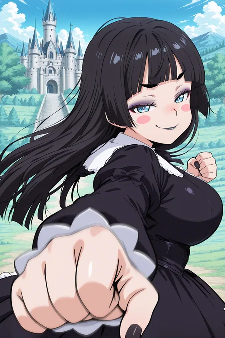 anime screencap, anime coloring, detailed face, masterpiece, best quality, very aesthetic, absurdres, volumetric lighting, official style, amazing quality, ultra detailed, highres, amazing quality, scenery, beautiful detailed hair, beautiful detailed eyes,
<lora:StS-Illustrious-Detail-Slider-v1.0:4>
outside of a gothic castle, trees, blue sky,<lora:Emi_Erokuro_MetalchromeXs_official_mascot_character_-_V2:1>
Emi Erokuro (character),
girl is 22 years old, 1girl, solo, bright blue eyes, black hair, long hair, black eyebrows, large breasts, blush stickers, hair down, bangs, hime cut,
gothic clothing, gothic dress, eyeshadow, black lipstick, black fingernails,
<lora:pepe-punch-illustriousxl-lora-nochekaiser:.8> pepe punch, looking at viewer, blush, smug smile, closed mouth, clenched fist, foreshortening, punching, incoming punch, incoming attack, motion blur, smug expression