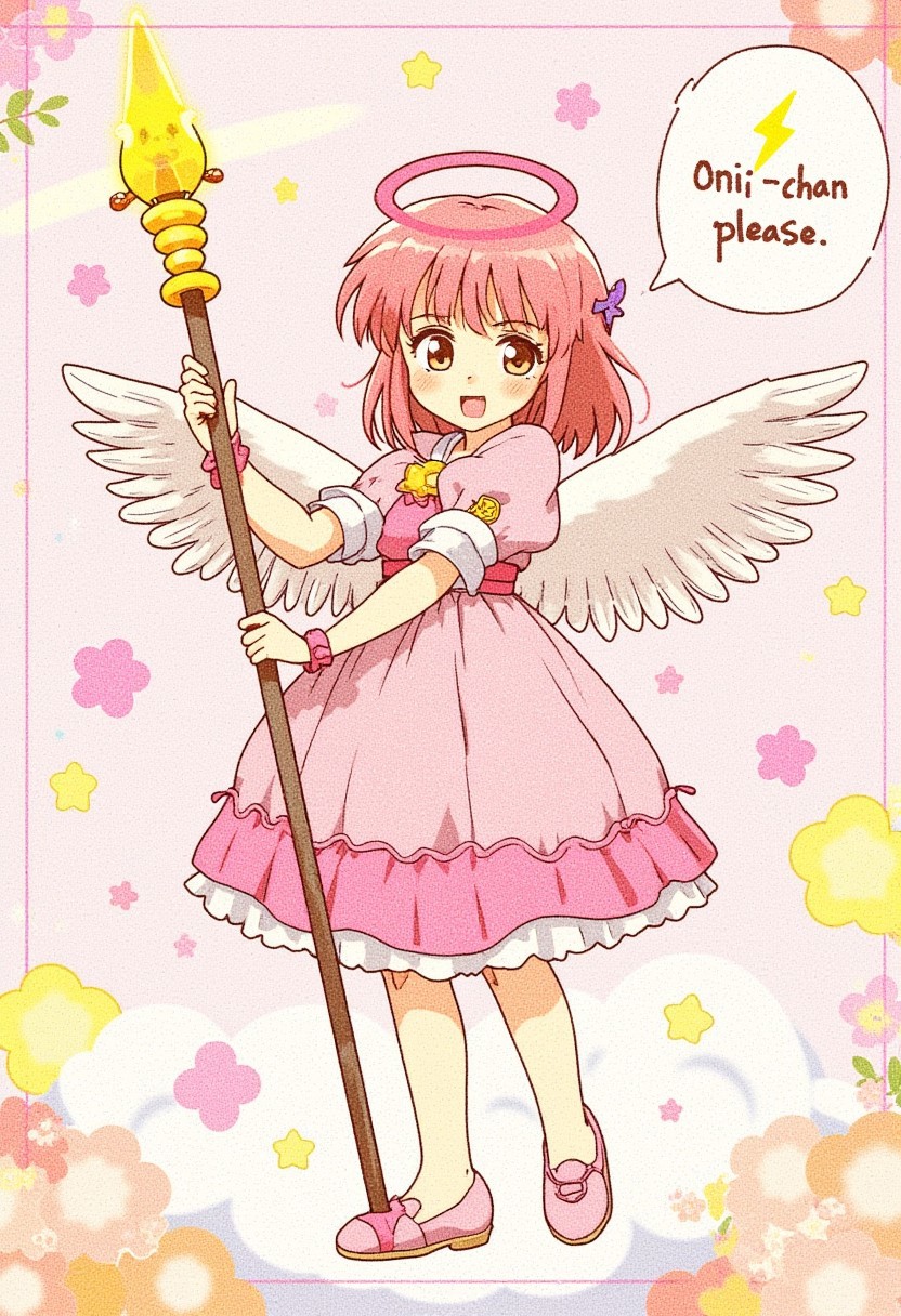 A magical girl with angel wings holding a staff with a yellow lightning bolt symbol on top.
Cute pastel colors. Speech bubble "Onii-chan please follow"
