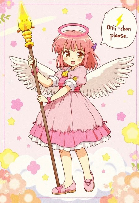 A magical girl with angel wings holding a staff with a yellow lightning bolt symbol on top.
Cute pastel colors. Speech bubble "Onii-chan please follow"