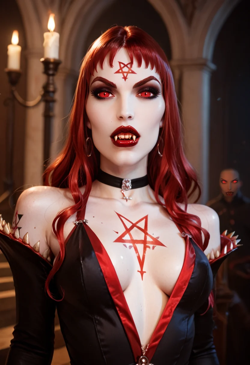 score_9, score_8_up, score_7_up, score_6_up, score_5_up, waist shot,Elizabeth Bathory a vampire a woman, pentagram tattoo, wearing a (renaissance black dress), red color eyes, unnatural very pale skin, red pulpous lips, vampire fangs, dynamic lighting, dynamic angle, good contrast lighting,
<lora:Elizabeth_Bathory:0.75>