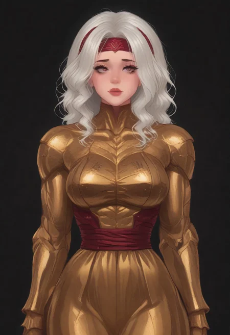 (score_9, score_8_up, score_7_up), source_anime, anime, female (dark red skin) white hair, burgundy eye color, black eye sclera, layered clothing, waist-high, black background, woman, forehead, headband (big breasts:1.2) (golden armor:1.1) (muscular body:1.8) white tight skin (fleshy lips:1.5) (thin waist:1.5).