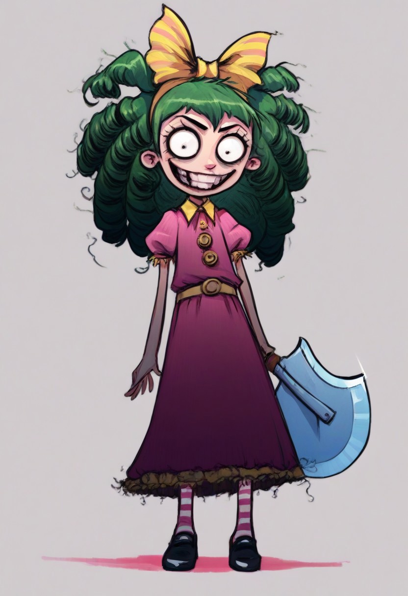 score_9, score_8_up, score_7_up,  drawing, 1girl, solo, solo focus, tim burton,, horror (theme), wide-eyed,, 1girl, solo, green hair, drill hair, yellow bow, hair bow, dress, puffy sleeves, short sleeves, yellow belt, pantyhose, striped pantyhose, striped, shoes, black footwear
standing, evil smile, holding axe, looking at viewer,