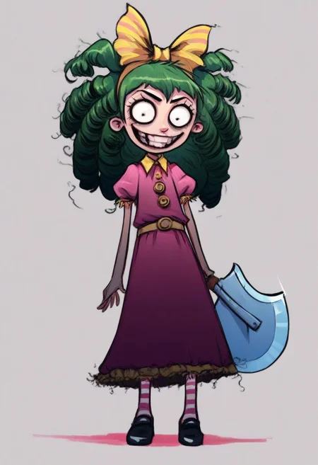 score_9, score_8_up, score_7_up,  drawing, 1girl, solo, solo focus, tim burton,, horror (theme), wide-eyed,, 1girl, solo, green hair, drill hair, yellow bow, hair bow, dress, puffy sleeves, short sleeves, yellow belt, pantyhose, striped pantyhose, striped, shoes, black footwear
standing, evil smile, holding axe, looking at viewer,