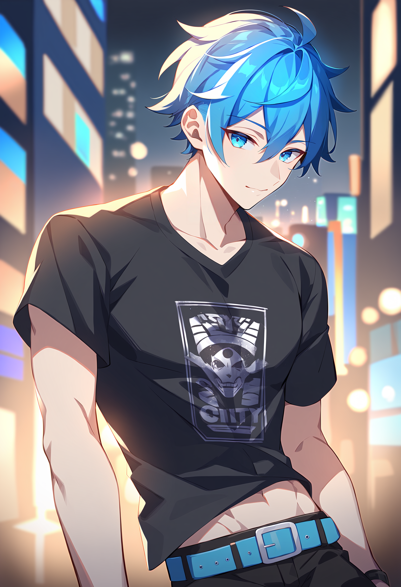 1boy, male focus, short hair, blue hair, blue eyes, graphic t-shirt, punk t-shirt, digital illustration, cyan and black, looking at viewer,  busy city street, belt, black pants, atmospheric lighting, midriff peek, night, blurry, best quality, amazing quality, best aesthetic, absurdres
