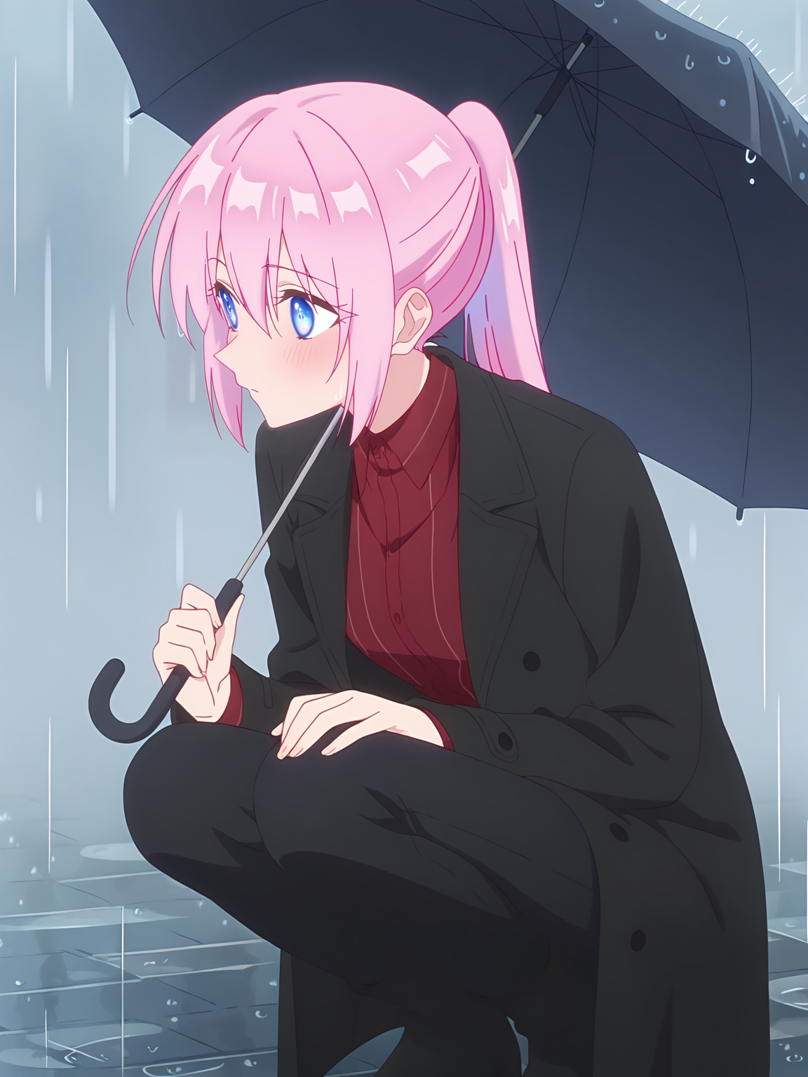 <lora:Shikimori_from_Shikimoris_Not_Just_a_Cutie_Multiple_Outfits:0.8>shikimori, 1girl, solo, blue eyes, pink hair, ponytail, open long black coat, red striped shirt, black pants, black chelsea boots, looking away, closed mouth, blushing, crouching, holding an umbrella, rain, hand on knee