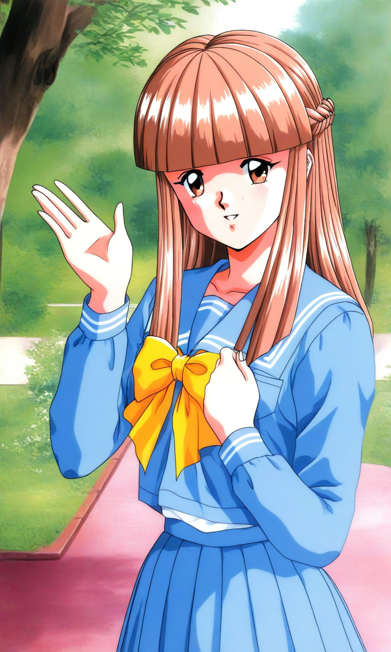 general,highres, ultra-detailed,very aesthetic,best quality ,best hands, BREAK <lora:Mikihara_Megumi_Tokimeki_Memorial_IS:1>
Mikihara_Megumi(Tokimeki_Memorial), 1girl, solo, light brown hair, long hair, brown eyes, blunt bangs, braid,
smile, blue serafuku, yellow bow, blue skirt, long sleeves, blue sleeve, pleated skirt, one hand up,
blue sailor collar, parted lips, tree, outdoors, shirt,
looking at viewer,