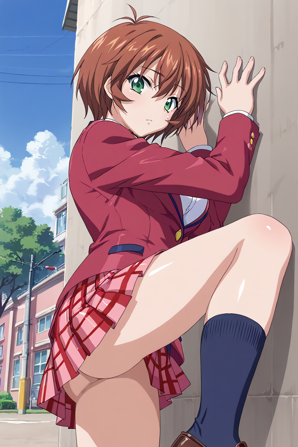 score_9, score_8_up, score_7_up, BREAK source_anime, masterpiece, anime screencap, shiny skin, 
1girl, chinkyuu koudai, short hair, brown hair, green eyes, large breasts,  <lora:chinkyuu_pony-000007:0.8>
school uniform, red blazer, white shirt, plaid skirt, pleated skirt, blue socks, loafers, 
side view, ass, standing,