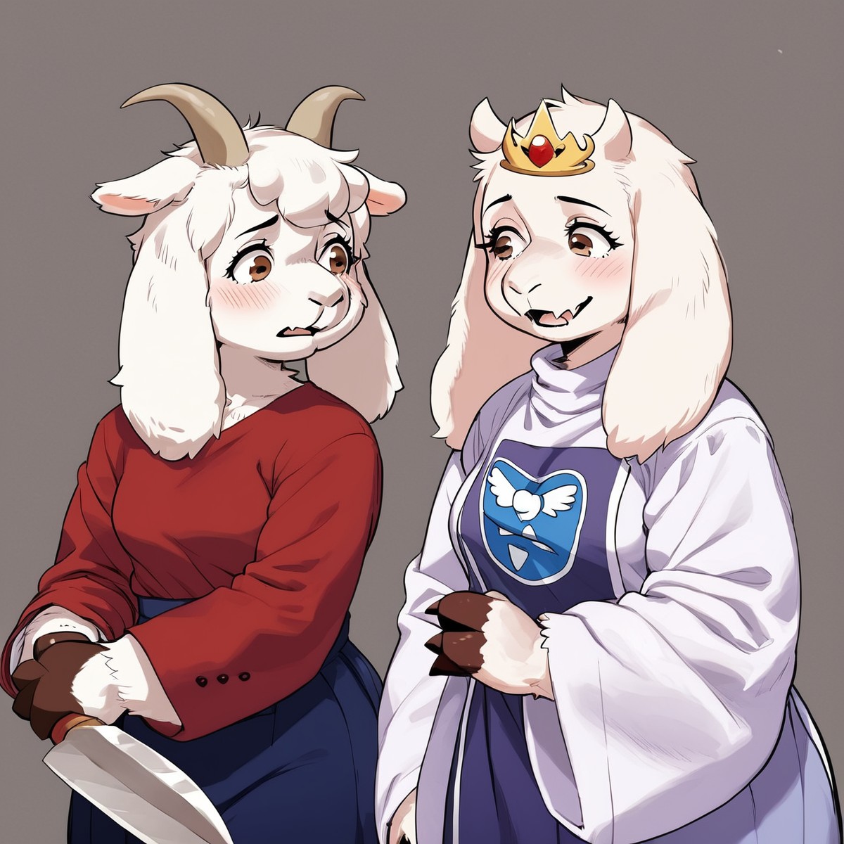 score_9,score_8,score_7,
mother_goat_mlg,goat, goat girl, furry, furry female, mature, mature female, big tits, tall,
2girls, duo, 2 goat girls toriel and mariko using weapons,
toriel uses a purple robe with white sleeves and she's chubby,
mariko uses a red blouse with blue skirt and a tiara with medium white hair  and she's skinny and tall,
weapons,knife, grim,evil grim,
( art by kaisen chuui ) ,,
<lora:Mother_Goat_My_Little_Goat:1.2> mother_goat_mlg
 <lora:Toriel_Undertale_Pony_SDXL:0.3> toriel_undertale