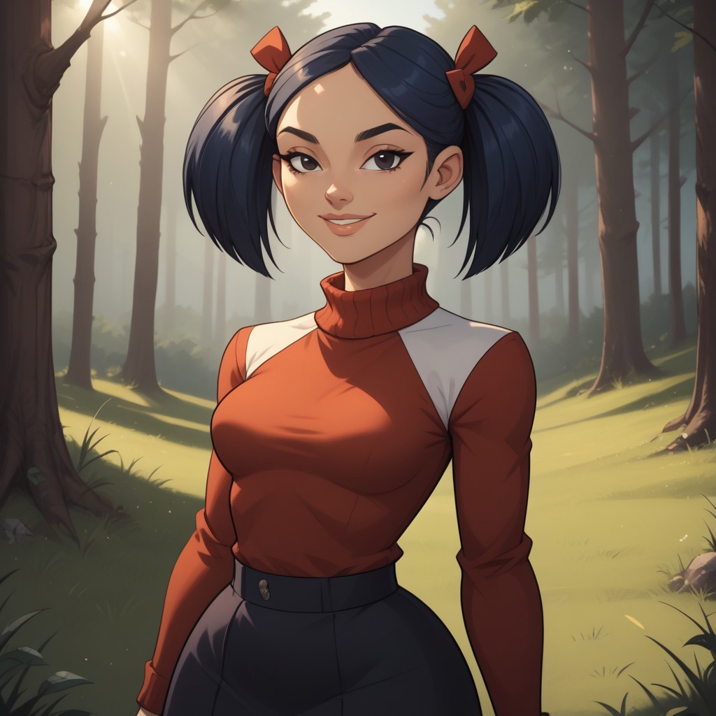 score_9, score_8, BREAK, solo, red sweater, 1girl, white undershirt, black skirt, navy blue hair, black eyes, lips, twintails, breasts, total drama, Kitty_(\Total_Drama\), tdtrr, cute, sexy pose, smile, outdoors, sunlight, shadows, evening lighting, natural lighting, forest, trees, grass, orange sky, sunset