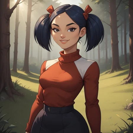 score_9, score_8, BREAK, solo, red sweater, 1girl, white undershirt, black skirt, navy blue hair, black eyes, lips, twintails, breasts, total drama, Kitty_(\Total_Drama\), tdtrr, cute, sexy pose, smile, outdoors, sunlight, shadows, evening lighting, natural lighting, forest, trees, grass, orange sky, sunset