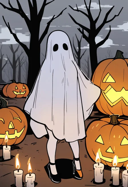 5H33TGH05T, sheet_ghost, (1girl), fishnets, (high_heels), covering_face, ghost_costume, spooky trees, dead trees, branches, orange pumpkin, jack_o'lantern, flickering, candle, cloudy,