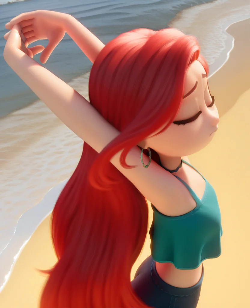 masterpiece, best quality, amazing quality, highres, absurdres, intricate detail, 3d, <lora:Chelsea_TK_ILLUS2-000009:1> , chelseatk, 1girl, long hair, red hair, closed eyes, crop top, choker, hoop earrings, closed mouth, worried, from above, angle view, from side, dynamic pose, ocean, water, beach, sand, arms up, stretching,