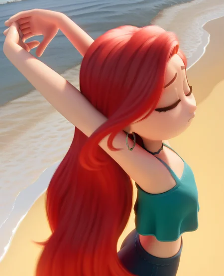 masterpiece, best quality, amazing quality, highres, absurdres, intricate detail, 3d, <lora:Chelsea_TK_ILLUS2-000009:1> , chelseatk, 1girl, long hair, red hair, closed eyes, crop top, choker, hoop earrings, closed mouth, worried, from above, angle view, from side, dynamic pose, ocean, water, beach, sand, arms up, stretching,