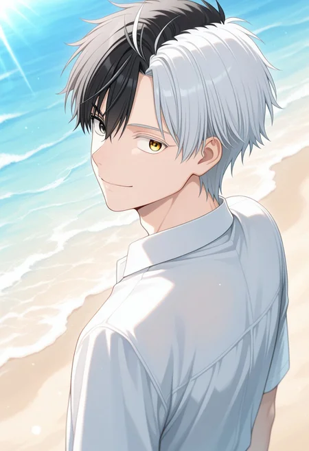 masterpiece,best quality,amazing quality, source_anime,
sakuharuka, 1boy, male focus, solo, heterocromia, grey eyes, yellow eyes, split-color hair, black hair, white hair, shirt, white shirt, collared shirt, beach, from behind, looking back, smile,