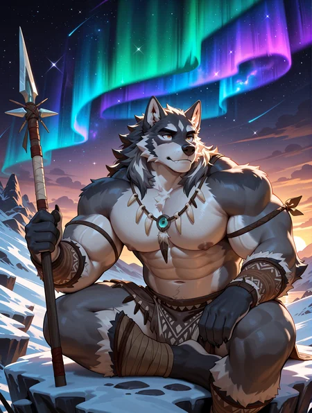 best quality,newest,masterpiece,absurdres,highres,safe,male furry,bara,Muscles,perfect anatomy,smooth,huge biceps,handsome,solo,safe,
rainbow gradient,starry night background,nebula,aurora,outdoors,dark background,Sitting person looks up,gray wolf,long straight 1 tribe spear,tribal style clothes,clear river,ice cave,sunset,tribal arm rings,5finger,claws,